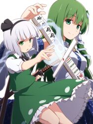  2girls arm_up bare_shoulders black_bow black_hairband black_ribbon blue_skirt bow breasts closed_mouth collared_shirt detached_sleeves dress frog_hair_ornament ghost ghost_print green_dress green_eyes green_hair grey_hair hair_between_eyes hair_ornament hair_tubes hairband hands_up highres katana kochiya_sanae konpaku_youmu konpaku_youmu_(ghost) long_hair long_sleeves looking_at_viewer mahjong mashita_(candy_apricot) medium_breasts multiple_girls neck_ribbon open_mouth puffy_short_sleeves puffy_sleeves ribbon shirt short_hair short_sleeves simple_background skirt smile sword tottemo_e_mahjong_plus touhou weapon white_background white_shirt white_sleeves 