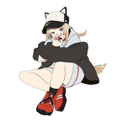  animal_ears baseball_cap black_jacket blonde_hair blue_eyes brown_hair dog_ears dog_tail female full_body hat highres hood hood_down hoodie jacket ken_sogen kmnz long_hair long_sleeves looking_at_viewer mc_lita red_footwear shoes simple_background sitting sneakers solo tail virtual_youtuber white_background 