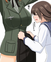  2girls blush brave_witches breasts brown_hair closed_eyes dress female_pervert gundula_rall highres large_breasts military military_uniform miyafuji_yoshika multiple_girls open_mouth pervert sailor_dress shikokuken_(mrykk24) short_hair simple_background smile strike_witches translation_request uniform white_background world_witches_series yuri 