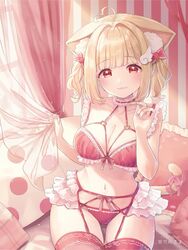  ahoge animal_ear_fluff animal_ears bare_shoulders bedroom blonde_hair blunt_bangs blush bra breasts cat_ears cat_girl cat_tail choker cleavage closed_mouth collarbone commentary_request curtain_grab curtains female fingernails frilled_bra frilled_choker frilled_garter_belt frilled_straps frills garter_belt hair_intakes halterneck heart heart_ahoge highres indoors kemomimi_refle! kuyukian3 lace-trimmed_legwear lace_trim lingerie looking_at_viewer medium_hair narrow_waist navel nekoma_karin panties red_bra red_eyes red_garter_belt red_panties red_thighhighs ribbon second-party_source sitting smile solo tail tail_ornament tail_ribbon thighhighs twintails twintails_day underwear underwear_only virtual_youtuber wing_hair_ornament 