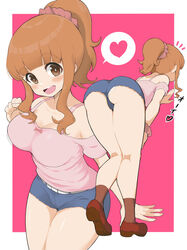  absurdres ass bare_shoulders bent_over blunt_bangs blush border breasts brown_eyes brown_hair brown_legwear cleavage collarbone commentary_request denim denim_shorts female from_behind girls_und_panzer hair_ornament hair_scrunchie hand_on_own_thigh hand_up heart high_ponytail highres kneepits leaning_forward long_hair looking_at_viewer medium_breasts motion_lines multiple_views open_mouth panties panty_peek pink_background pink_shirt red_footwear round_teeth scrunchie shiny_skin shirt short_shorts short_sleeves shorts sidelocks smile socks spoken_heart standing takebe_saori teeth thick_thighs thighs tongue underwear upshorts white_border white_panties wrist_scrunchie yabai_gorilla 