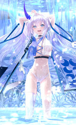  :d absurdres aritsuno arms_behind_head arms_up bikini bikini_bottom_only blue_eyes breasts bright_pupils cleavage clothes_writing crop_top female grey_hair highres horns long_hair looking_at_viewer navel open_mouth original see-through short_sleeves single_horn single_thighhigh smile solo standing stomach swimsuit thighhighs twintails very_long_hair wading water wet white_bikini white_thighhighs wide_sleeves 