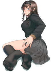  amagami black_hair black_hairband black_jacket black_socks blue_eyes breasts cardigan closed_mouth curly_hair drill_hair feet female foot_focus foreshortening full_body grey_skirt hairband hand_on_own_thigh highres jacket kibito_high_school_uniform large_breasts legs long_hair looking_at_viewer morishima_haruka no_shoes pleated_skirt ryo_taton school_uniform simple_background sitting skirt socks soles solo thighs toes white_background 