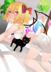  absurdres all_fours artist_name ass bare_shoulders black_cat blonde_hair bloomers blurry blurry_background blush bow bowtie bra breasts commentary_request crystal dutch_angle feet_out_of_frame feline female fisheye flandre_scarlet hair_between_eyes hairbow highres looking_at_viewer looking_back niseneko_(mofumofu_ga_ienai) no_headwear oerba_yun_fang one_side_up parted_lips plant potted_plant red_bow red_bowtie red_eyes short_hair small_breasts solo touhou tree underwear underwear_only wings 