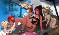  5girls 5mango 5mango! absurdres bikini black_one-piece_swimsuit blue_eyes commentary_request fal_(girls&#039;_frontline) full_body g41_(beach_punk_2064)_(girls&#039;_frontline) g41_(girls&#039;_frontline) girls&#039;_frontline hair_between_eyes heterochromia highres korean_commentary looking_at_viewer mixed-language_commentary mp7_(girls&#039;_frontline) mp7_(lollipop_ammo)_(girls&#039;_frontline) multiple_girls official_alternate_costume one-piece_swimsuit one_eye_closed original pool pool_ladder poolside purple_hair red_eyes red_hair sandals school_swimsuit swimsuit wa2000_(girls&#039;_frontline) wa2000_(op._manta_ray)_(girls&#039;_frontline) water 