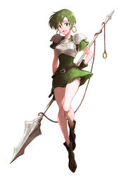  :d armor bare_legs belt black_belt black_footwear boots breastplate commentary_request dress earrings fee_(fire_emblem) female fire_emblem fire_emblem:_genealogy_of_the_holy_war full_body green_dress green_eyes green_hair hanabana_cho headband highres hoop_earrings jewelry looking_at_viewer open_mouth pauldrons polearm short_dress short_hair short_sleeves shoulder_armor simple_background smile solo spear thighs weapon white_background 