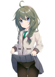  absurdres ahoge ass_visible_through_thighs black_pantyhose blue_eyes blush bow bow_panties braid cardigan clothes_lift collared_shirt commentary_request cowboy_shot female green_hair green_necktie grey_cardigan grey_skirt hair_between_eyes hair_over_shoulder head_tilt highres lifting_own_clothes long_hair long_sleeves looking_at_viewer lr_(last_remote_514) necktie panties panties_under_pantyhose pantyhose parted_lips pleated_skirt princess_connect! school_uniform shirt simple_background skirt skirt_lift sleeves_past_wrists solo standing twin_braids underwear white_background white_panties white_shirt yuni_(princess_connect!) yuni_(real)_(princess_connect!) 