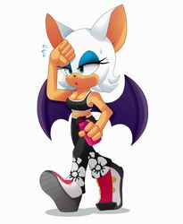  2019 anthro athletic_wear bat beverage bodily_fluids breasts cleavage clothed clothing eyeshadow female footwear half-closed_eyes hi_res hikariviny holding_object makeup mammal membrane_(anatomy) membranous_wings narrowed_eyes open_mouth rouge_the_bat sega simple_background solo sonic_the_hedgehog_(series) sweat walking white_background wings 