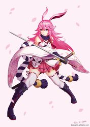  animal_ears artist_name bare_shoulders boots female fox_ears fox_mask full_body gloves grin highres holding holding_sword holding_weapon honkai_(series) honkai_impact_3rd japanese_clothes katana long_hair looking_at_viewer mask miko open_mouth pink_background pink_hair pink_skirt purple_eyes purple_footwear seraphim_throne sheath sheathed signature simple_background skirt smile sword teeth thighhighs weapon white_gloves white_sleeves yae_sakura yae_sakura_(gyakushinn_miko) 