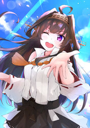  ;d absurdres ahoge bare_shoulders black_skirt brown_hair commentary_request cowboy_shot detached_sleeves double_bun female hair_bun headgear highres kantai_collection kongou_(kancolle) kongou_kai_ni_(kancolle) long_hair looking_at_viewer nontraditional_miko one_eye_closed open_mouth purple_eyes ryou_(ryo_217cafe) skirt smile solo 