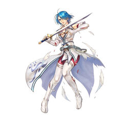  blue_eyes blue_hair boots breasts cleavage damaged elbow_gloves female fingerless_gloves fire_emblem fire_emblem:_radiant_dawn fire_emblem_heroes gloves hair_over_one_eye jewelry leggings lucia_(fire_emblem) medium_breasts necklace short_hair solo sword takaya_tomohide thigh_boots torn_clothes torn_footwear torn_gloves waistcoat weapon white_footwear 