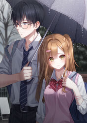  1boy bag bare_tree belt black-framed_eyewear black_belt black_hair black_pants blue_bag blue_necktie bow bowtie bracelet brown_hair collared_shirt commentary female glasses grey_umbrella gyaru hair_ornament hairclip highres holding holding_umbrella jewelry long_hair looking_at_viewer looking_to_the_side multiple_bracelets necktie open_collar original outdoors pants photoshop_(medium) pink_bracelet pink_sweater_vest rain round_eyewear school_bag school_uniform shared_umbrella shirt sleeves_past_elbows sleeves_rolled_up standing straight striped_bow striped_bowtie striped_clothes striped_necktie sweater_vest tree two_side_up umbrella unjem upper_body white_bracelet white_shirt yellow_eyes 