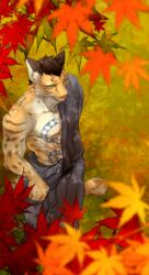  anthro cheek_tuft chinchilla3333 clothed clothing clouded_leopard countershading facial_tuft felid fur fur_tuft grey_clothing hi_res leaf likulau male mammal muscular muscular_anthro muscular_male nekojishi pantherine solo studio_klondike tuft 