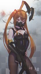  absurdres animal_ears black_gloves black_leotard black_pantyhose breasts brown_hair chromatic_aberration chun&#039;ai_zhanshen_milili cleavage elbow_gloves fake_animal_ears female fingerless_gloves gas_mask girls&#039;_frontline gloves gun hairband highres holding holding_gun holding_weapon large_breasts leotard long_hair mask pantyhose playboy_bunny rabbit_ears scar scar_across_eye scar_on_face solo twintails ump9_(girls&#039;_frontline) weapon 