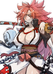  absurdres amputee baiken big_hair black_jacket black_kimono breasts chains cleavage eyepatch female guilty_gear guilty_gear_strive highres jacket jacket_on_shoulders japanese_clothes katana kimono kongbai_huanxiang large_breasts multicolored_clothes multicolored_kimono one-eyed open_clothes open_kimono pink_eyes pink_hair ponytail samurai sash scar scar_across_eye scar_on_face solo sword thighs weapon weapon_on_back white_background white_kimono 