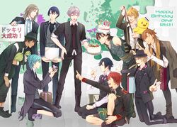  6+boys aijima_cecil ascot bag bare_shoulders birthday_cake black_hair black_headwear black_jacket black_pants blonde_hair blue_hair bound bowler_hat box brown_hair cake cake_hat camera camus_(uta_no_prince-sama) capri_pants character_name clenched_hand closed_eyes closed_mouth commentary_request cream cream_on_face dark_skin double_v everyone fedora food food_on_face formal full_body gift gift_bag gift_box grey_hair hand_on_lap hand_on_own_hip hand_on_own_knee happy_birthday hat highres hijirikawa_masato holding holding_cake holding_camera holding_food holding_gift holding_rope holding_stuffed_toy ichinose_tokiya index_finger_raised ittoki_otoya jacket jacket_on_shoulders jinguuji_ren kneeling kotobuki_reiji kurosaki_ranmaru kurusu_shou leaning_forward long_hair looking_at_another looking_to_the_side male_focus mikaze_ai moge-hera multiple_boys neck_ribbon necktie open_clothes open_jacket open_mouth orange_hair pants placard red_hair ribbon rope scarf seiza shinomiya_natsuki_(uta_no_prince-sama) shopping_bag short_hair shorts sign sitting standing stuffed_toy suit tailcoat tank_top tied_up_(nonsexual) uta_no_prince-sama v vest waistcoat white_headwear 