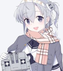  +_+ :d bodysuit cape chou-10cm-hou-chan_(suzutsuki&#039;s) clothes_writing commentary_request female grey_cape grey_hair hachimaki hair_between_eyes headband ieufg kantai_collection long_hair looking_at_viewer one_side_up open_mouth purple_eyes sailor_collar scarf school_uniform serafuku simple_background smile suzutsuki_(kancolle) upper_body white_background white_bodysuit 