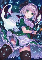  @_@ alternate_costume black_ribbon black_thighhighs breasts bridal_garter commentary_request enmaided female frown green_eyes green_skirt grey_hair hair_ribbon highres holding holding_sword holding_weapon kittona konpaku_youmu konpaku_youmu_(ghost) legs_apart looking_at_viewer maid maid_headdress plate puffy_short_sleeves puffy_sleeves ribbon short_hair short_sleeves skirt small_breasts solo sweat sword thighhighs touhou traditional_media watercolor_pencil_(medium) weapon white_background 