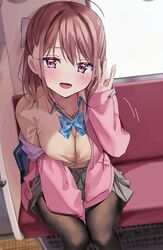  :d ahoge blush bow bowtie brown_hair cardigan chigusa_minori commentary_request female grey_skirt highres kokoro_iroduku_koi_ga_shitai legs_together looking_at_viewer momose_akari open_mouth pantyhose pink_cardigan pleated_skirt purple_eyes shirt sitting skirt smile solo train_interior 