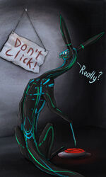  3:5 black_body blue_markings curious dialogue digital_media_(artwork) disregarding_notices english_text featureless_arms featureless_legs feral full-length_portrait green_markings humor keltaan long_ears markings multi_eye portrait rear_view red_button sign sitting solo tail text thick_tail unknown_species warning_sign 