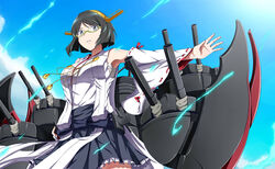  absurdres black_hair cannon commentary_request detached_sleeves female glasses green-framed_eyewear grey_eyes hairband highres kantai_collection kirishima_(kancolle) kirishima_kai_ni_(kancolle) kyoukyan machinery nontraditional_miko sarashi short_hair skirt solo turret 