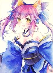  animal_ears bad_id bad_pixiv_id bare_shoulders bow breasts choker cleavage detached_sleeves fate/extra fate_(series) female fox_ears fox_tail hair_ribbon hairbow japanese_clothes large_breasts norino_moto obi painting_(medium) pink_hair ribbon sash smile solo tail tamamo_(fate) tamamo_no_mae_(fate/extra) traditional_media twintails watercolor_(medium) yellow_eyes 