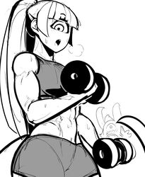  1_eye areen_(anaid) being_watched big_eyes big_tail black_and_white blush bodily_fluids clothing cyclops duo exercise female female_focus hair hi_res horned_tailclops humanoid krekk0v long_tail looking_at_another looking_at_viewer male midriff monochrome monster_girl_(genre) muscular muscular_female noseless not_furry open_mouth orik_(anaid) simple_background solo_focus sweat tail tailclops_(race) tailclops_(species) weightlifting weights white_background workout 