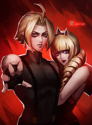  1boy adelheid_bernstein black_gloves blonde_hair brother_and_sister commentary corset crown dress drill_hair earrings english_commentary female fingerless_gloves gloves highres jewelry long_hair mini_crown photoshop_(medium) red_eyes ribbon rose_bernstein siblings the_king_of_fighters twin_drills twintails xiaoguimist 