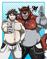  anthro belly blue_eyes canid canine canis cellphone clothed clothing deadanthro duo electronics facial_hair fur hair hi_res human lg_sunset looking_at_viewer luxordtimet male mammal musclegut muscular muscular_male nipples overweight overweight_male phone selfie simple_background slightly_chubby smile swimwear tattoo timet underwear wolf 