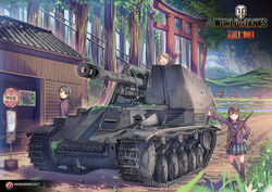  3girls black_hair blonde_hair bolt_action brown_eyes brown_hair bus_stop caterpillar_tracks cloud commentary daito english_commentary flower grass gun highres mauser_98 military military_vehicle motor_vehicle multiple_girls official_art outdoors photoshop_(medium) rifle self-propelled_artillery sky tank tree wargaming_japan weapon wespe_spg world_of_tanks 