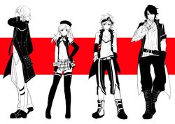  alisa_ilinichina_amiella amamiya_rindou black_footwear black_hair boots commentary_request elbow_gloves fingerless_gloves fujiki_kouta gloves god_eater god_eater_2:_rage_burst hat long_hair looking_at_viewer monochrome multiple_boys no_bra open_clothes open_shirt pantyhose rokkasana shirt simple_background skirt soma_schicksal suspender_skirt suspenders thigh_boots thighhighs white_hair zettai_ryouiki 