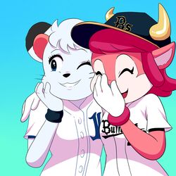  1:1 2016 anthro baseball_(sport) baseball_uniform black_nose blue_background blue_eyes blue_nose bovid bovine breasts buffalo_bell button_(fastener) closed_eyes clothed clothing digital_media_(artwork) duo english_text eyebrows eyelashes felid female fur girls_laughing_(meme) grin hair hat headgear headwear horn laugh lina_(saitama_seibu_lions) lion lonbluewolf mammal mascot meme nippon_professional_baseball one_eye_closed open_mouth orix_buffaloes pantherine pink_hair reaction_image saitama_seibu_lions shirt simple_background smile sport sportswear teeth text text_on_clothing text_on_hat text_on_headwear text_on_shirt text_on_topwear tongue topwear true_buffalo uniform water_buffalo white_body white_fur white_hair 