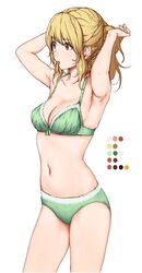  absurdres armpits arms_up blonde_hair bra breasts brown_eyes cleavage collarbone commentary_request female green_bra green_panties hair_tie_in_mouth highres long_hair medium_breasts mouth_hold navel original panties simple_background solo sosona standing tying_hair underwear underwear_only white_background 