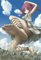  absurdres aircraft airplane angry ankle_lace-up armpits barefoot blunt_bangs breasts building city clenched_hand cloud contrail cross-laced_footwear day destruction dirty dirty_feet dress eichikei_(hakuto) feet female giant giantess hand_up highres leg_up looking_down magi_the_labyrinth_of_magic medium_breasts morgiana parted_lips photoshop_(medium) purple_eyes purple_hair red_hair soles toes white_dress 