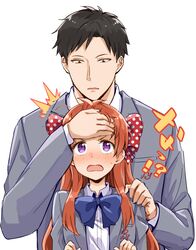  1boy ^^^ absurdres black_hair blue_bow blue_bowtie blush bow bowtie brown_eyes collared_shirt commentary_request embarrassed female gekkan_shoujo_nozaki-kun grey_jacket hairbow highres jacket long_hair looking_down max_melon nozaki_umetarou open_mouth orange_eyes parted_lips polka_dot polka_dot_bow purple_eyes red_bow rouman_academy_school_uniform sakura_chiyo sanpaku school_uniform shirt simple_background sweatdrop white_background white_shirt wing_collar 