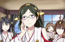  4girls adjusting_eyewear ahoge black_hair blue_eyes blush braid brown_hair closed_eyes commentary_request detached_sleeves glasses green-framed_eyewear grey_eyes hairband haruna_(kancolle) heart hiei_(kancolle) highres kantai_collection kirishima_(kancolle) kongou_(kancolle) kyoukyan long_hair looking_at_viewer multiple_girls nontraditional_miko short_hair smile twin_braids 