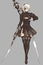  2b_(nier:automata) black_blindfold black_dress black_footwear black_hairband black_thighhighs blindfold boots breasts cleavage cleavage_cutout closed_mouth clothing_cutout commentary covered_eyes dress feather-trimmed_sleeves female full_body hairband high_heel_boots high_heels highleg highleg_leotard highres holding holding_sword holding_weapon juliet_sleeves leotard long_sleeves medium_breasts mole mole_under_mouth nier:automata nier_(series) puffy_sleeves short_dress side_slit solo sword thigh_boots thighhighs thighhighs_under_boots tnk_(p_freaks) turtleneck vambraces weapon weapon_on_back white_hair white_leotard 