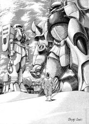  gouf gundam magella_attack mecha mobile_suit_gundam monochrome pilot_suit saeki_shouji vehicle zaku zaku_ii 