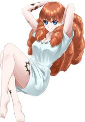  blue_eyes closed_mouth crossed_legs feet female highres legs long_hair looking_at_viewer melie mitsugu no_pants orange_hair radiant shirt simple_background smile source_request tattoo white_background white_shirt 