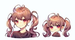  antenna_hair bad_id bad_twitter_id black_shirt blush brown_hair chibi closed_mouth female ha_youn looking_at_viewer original red_eyes shirt simple_background smile twintails upper_body white_background 