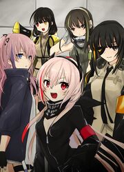  5girls absurdres anti-rain_(girls&#039;_frontline) bandana commentary_request eyepatch fingerless_gloves girls&#039;_frontline gloves headphones heterochromia highres jacket korean_commentary m16a1_(girls&#039;_frontline) m4_sopmod_ii_(girls&#039;_frontline) m4a1_(girls&#039;_frontline) mask megaphone multiple_girls ro635_(girls&#039;_frontline) skull_mask sleeveless st_ar-15_(girls&#039;_frontline) tuguoji wall 