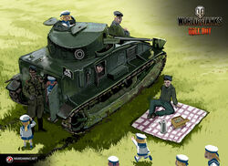  4boys 6+girls caterpillar_tracks commentary english_commentary grass gun hat highres machine_gun military military_uniform military_vehicle motor_vehicle multiple_boys multiple_girls nogami_takeshi official_art picnic picnic_basket tank uniform vickers_medium_mark_ii wargaming_japan weapon world_of_tanks 