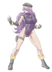  beret boots breasts camilla_(fire_emblem) cammy_white cammy_white_(cosplay) commentary cosplay covered_navel female fighting_stance fingerless_gloves fire_emblem fire_emblem_fates gloves hair_over_one_eye hat highleg highleg_leotard large_breasts leotard long_hair looking_at_viewer name_connection pun purple_eyes purple_hair purple_leotard sinccubi smile solo street_fighter thong_leotard tiara very_long_hair wavy_hair 