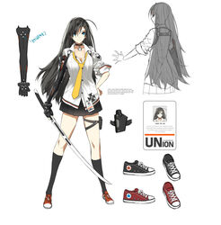  ahoge bad_id bad_pixiv_id black_hair black_legwear blue_eyes breasts character_name cleavage closers female full_body highres holster kneehighs korean_text large_breasts long_hair necktie official_art photoshop_(medium) red_star_alliance reference_sheet shoes simple_background skirt smile sneakers socks sword weapon white_background yuri_seo 