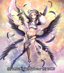  black_feathers black_wings breasts brown_eyes clothing_cutout commentary_request crop_top feathered_wings feathers female full_body gloves grey_gloves grey_hair grey_pants head_tilt hokuyuu holding holding_polearm holding_weapon iona_(wixoss) long_hair looking_at_viewer low_wings medium_breasts midriff navel pants parted_lips polearm solo stomach thigh_cutout weapon wings wixoss 