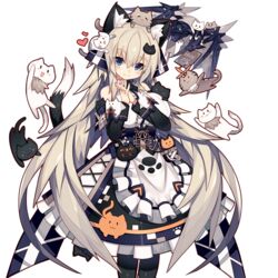  0_0 :3 :d =_= animal animal_ear_fluff animal_ears animal_on_head animal_print apron astaroth_(uchi_no_hime-sama) bare_shoulders black_cat black_eyes black_pantyhose blue_eyes blush blush_stickers breasts buckle cat_ears cat_hair_ornament cat_on_head cat_print cat_tail center_frills closed_mouth corset cross-laced_clothes detached_sleeves dragon eyes_visible_through_hair feline female flipped_hair floating flying frilled_apron frills grabbing hair_between_eyes hair_ornament hair_ribbon halterneck hands_up hanging head_tilt heart interlocked_fingers jumping large_breasts legs_together light_smile long_hair looking_at_viewer maid maid_apron mamuru menu mouth_hold name_tag official_art on_head open_mouth own_hands_together pantyhose paw_print pink_eyes ribbon riding sidelocks silver_hair sleeve_cuffs smile solo sparkle spoken_heart standing sweatdrop tail translated transparent_background uchi_no_hime-sama_ga_ichiban_kawaii underbust v-shaped_eyebrows very_long_hair waist_apron white_apron white_cat 