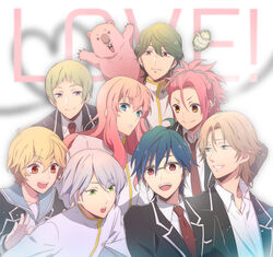  6+boys androgynous arima_ibushi binan_koukou_chikyuu_bouei-bu_love! blonde_hair blue_eyes blue_hair blush brown_eyes brown_hair commentary_request everyone gero_akoya glasses green_hair grey_eyes grin hairband hakone_yumoto kinugawa_atsushi kusatsu_kinshirou male_focus morino_mizu multiple_boys naruko_io open_mouth pink_hair red_eyes smile wombat_(bouei-bu) yufuin_en zaou_ryuu zundar_(bouei-bu) 