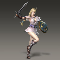  3d absurdres armor blonde_hair blue_eyes bow braid breasts cleavage female hair_ornament hair_ribbon hairbow highres large_breasts long_hair musou_orochi_2 official_art photoshop_(medium) ribbon sandals shield single_braid solo sophitia_alexandra soulcalibur soulcalibur_iv sword weapon 