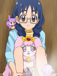  1boy aroma_(go!_princess_precure) blue_hair braid female glasses go!_princess_precure haruyama_kazunori heart heart-shaped_pupils long_hair nanase_yui panties precure prince_kanata puff_(go!_princess_precure) red_eyes semi-rimless_eyewear symbol-shaped_pupils twin_braids under-rim_eyewear underwear 