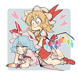  2girls annoyed ascot asymmetrical_hair asymmetrical_wings bat_wings blonde_hair commentary_request dress fang_out flandre_scarlet hair_between_eyes hat light_purple_hair looking_at_another looking_away mary_janes mob_cap multiple_girls nappooz oerba_yun_fang pink_dress puffy_short_sleeves puffy_sleeves red_dress red_eyes remilia_scarlet shoes short_hair short_sleeves siblings side_ponytail sisters sitting sitting_on_person smile touhou wings 